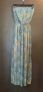True Destinations Blue Palm Tree Strapless Wide Leg Jumpsuit XS